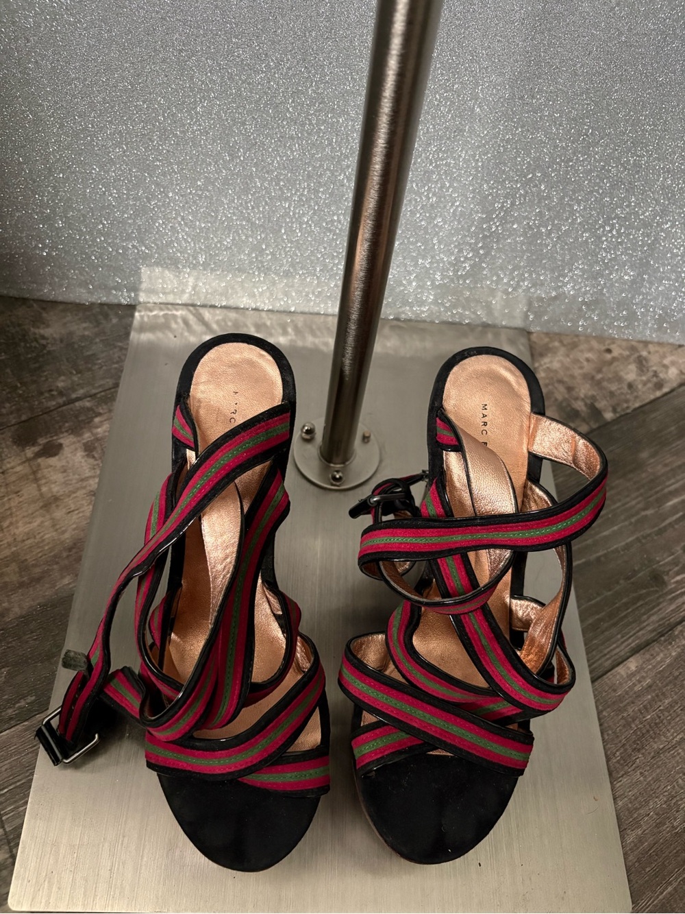 Marc by Marc Jacobs Black Heeled Sandals with Red and Green Stripe Straps